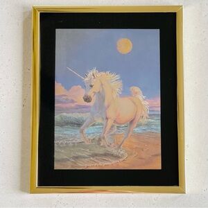 Vintage 80’s Tinkler Metal Etching Foil Unicorn on Beach Framed Art Print